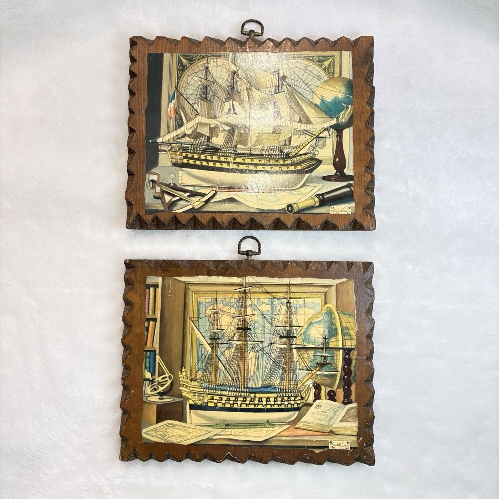 1960s Nautical Wooden Wall Plaques Sailing Ships Set of 2 Pirate Style